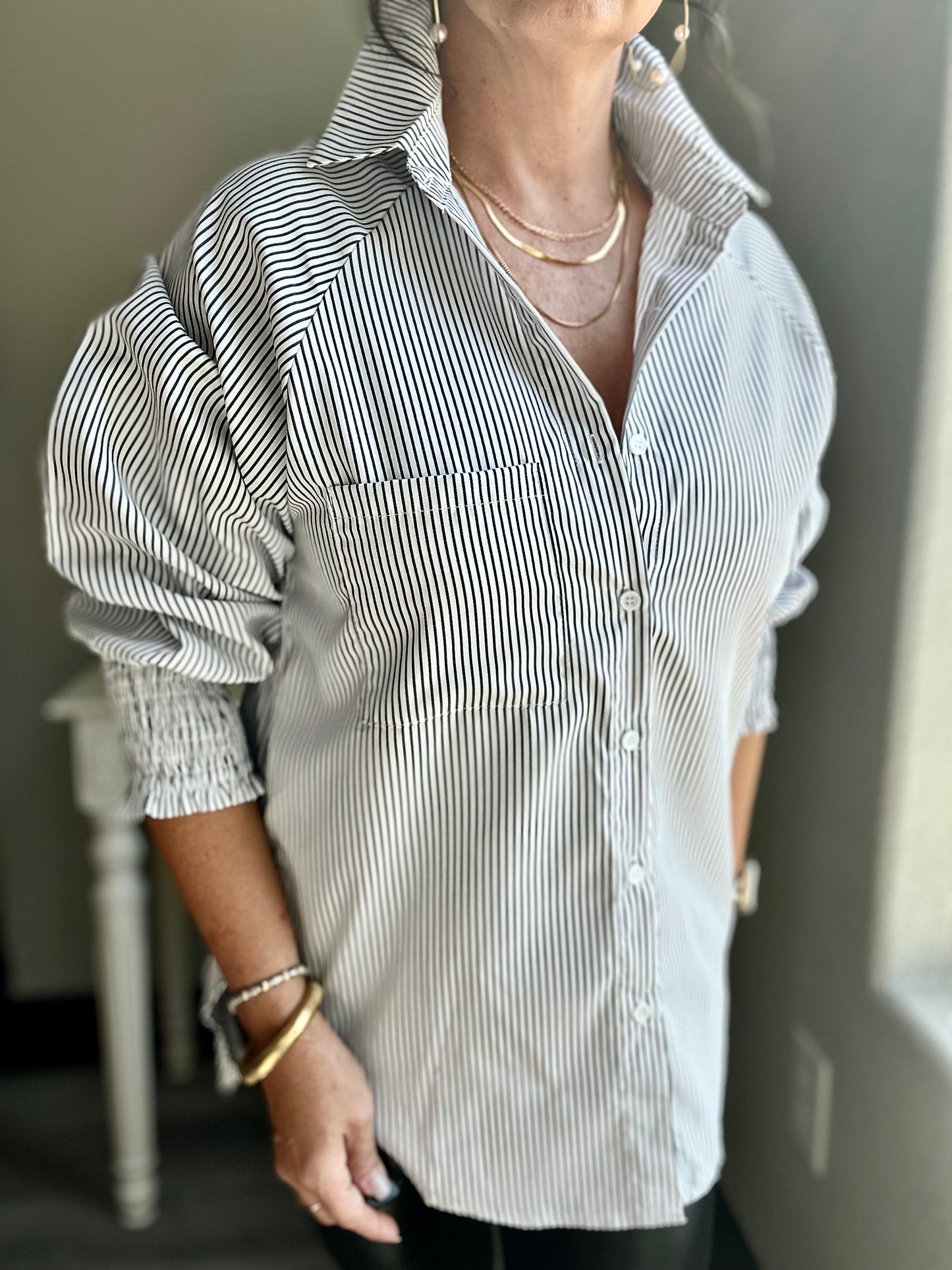 Smocked Cuffed Striped Boyfriend Shirt Aapparella