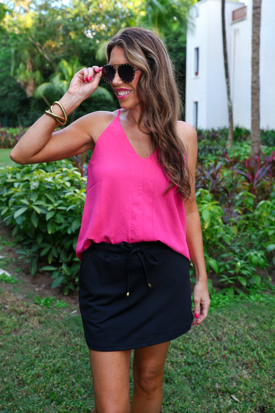 black womens skort with a pink top