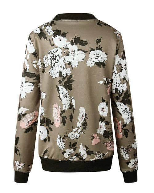 Floral Printed Zip Up Bomber Jacket - Hibiscus & Vine