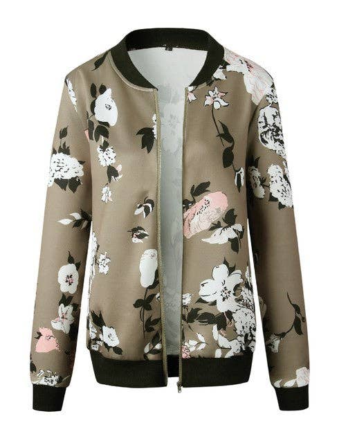 Floral Printed Zip Up Bomber Jacket - Hibiscus & Vine
