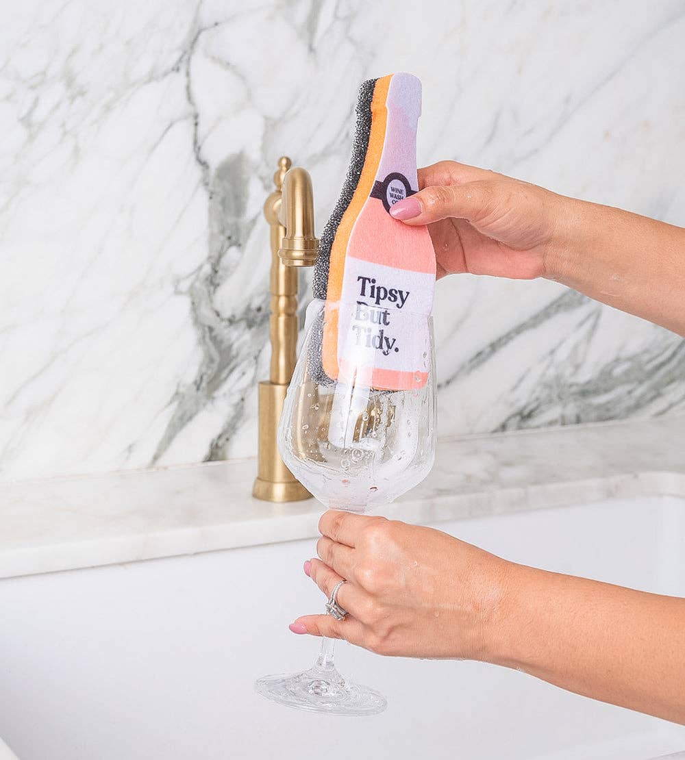 tipsy but tidy peach wine bottle shaped sponge