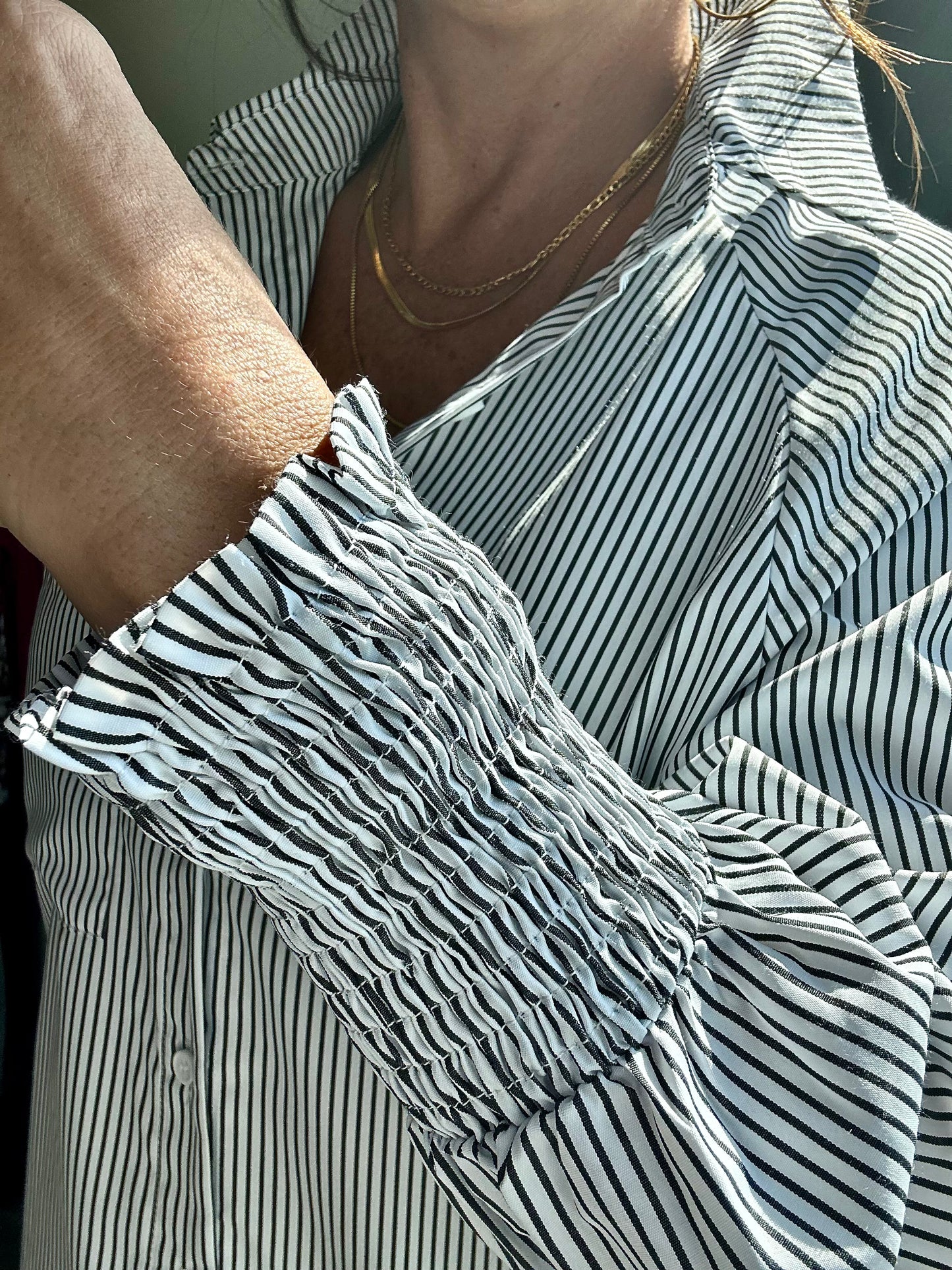 Smocked Cuffed Striped Boyfriend Shirt Aapparella