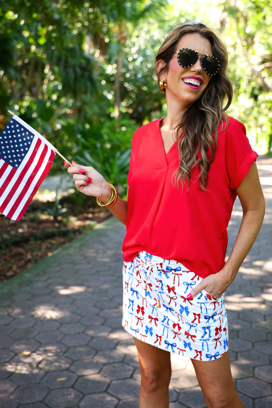 white women's skort with red and blue bows