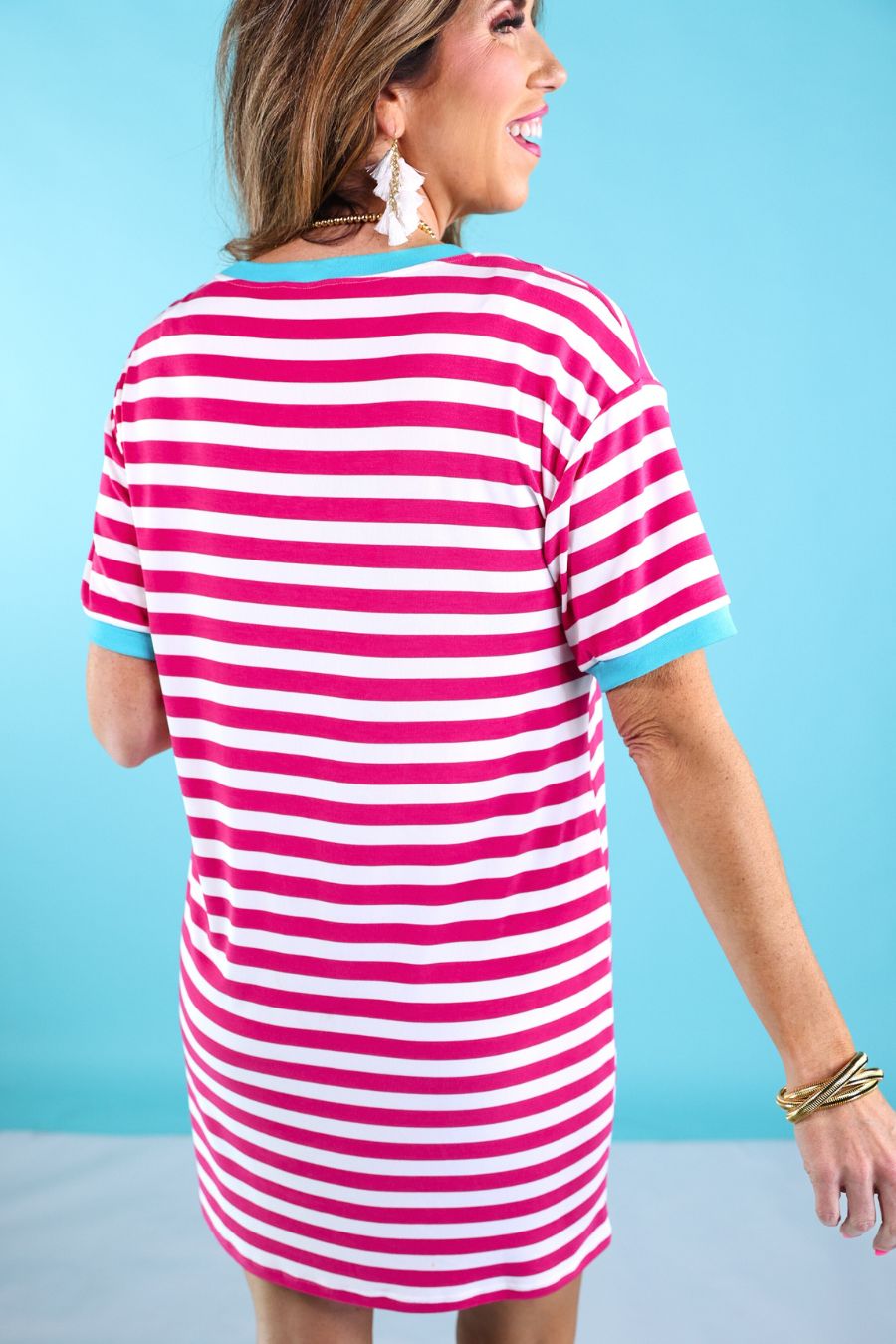 PREORDER-Living In Stripes Dress, Pink/Teal