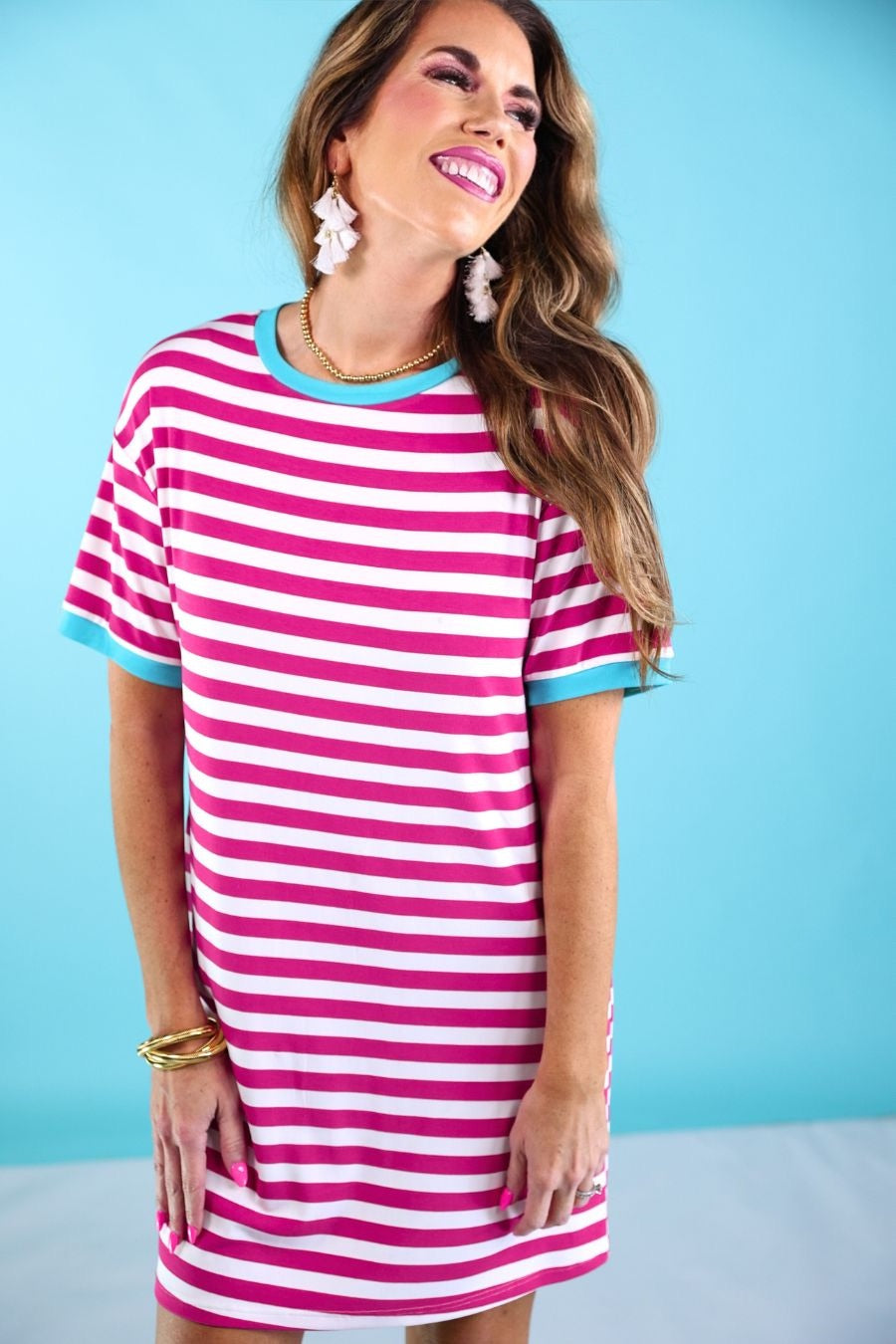 PREORDER-Living In Stripes Dress, Pink/Teal