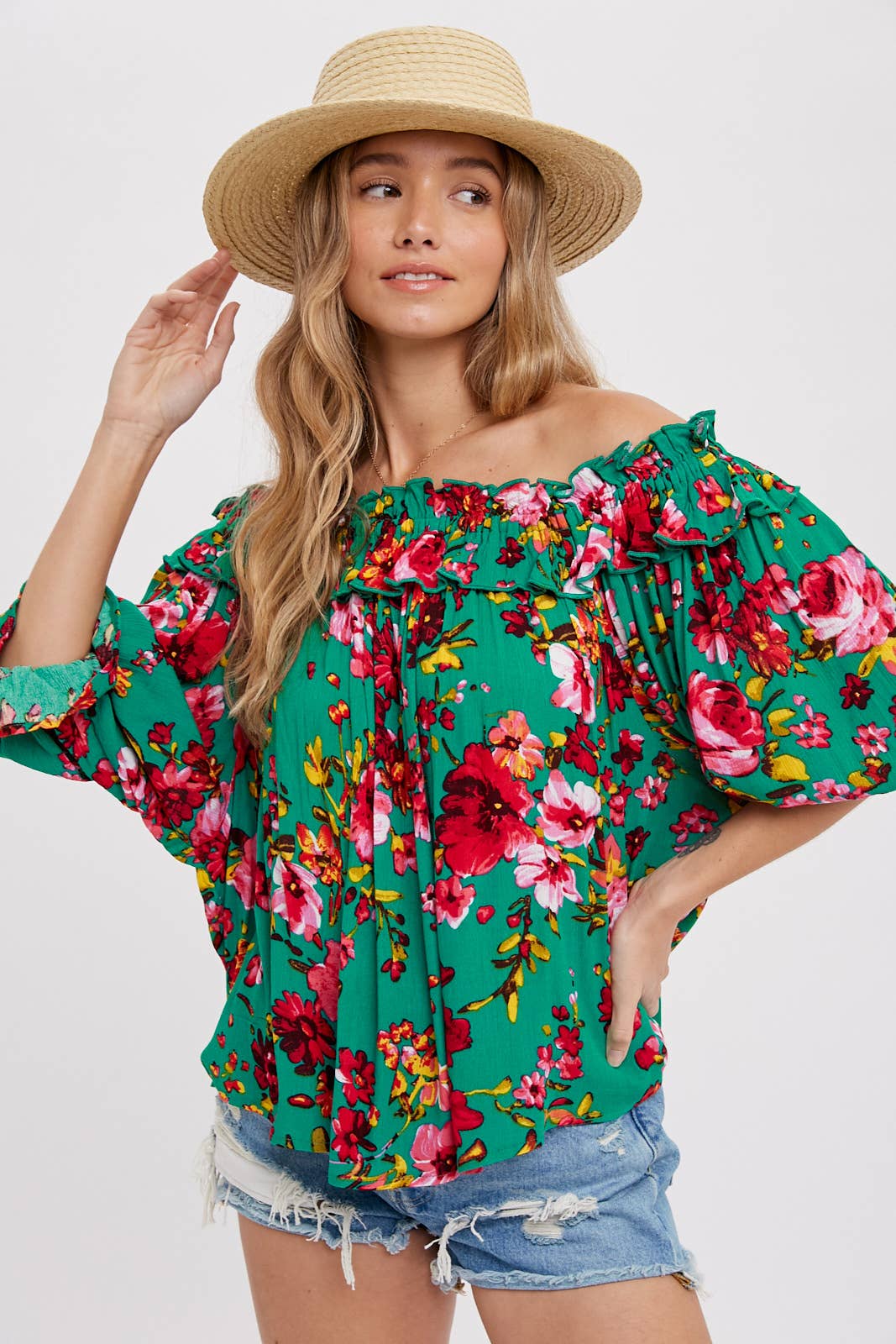 RUFFLED OFF THE SHOULDER BLOUSE - Hibiscus & Vine
