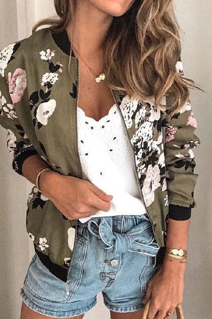 Floral Printed Zip Up Bomber Jacket - Hibiscus & Vine