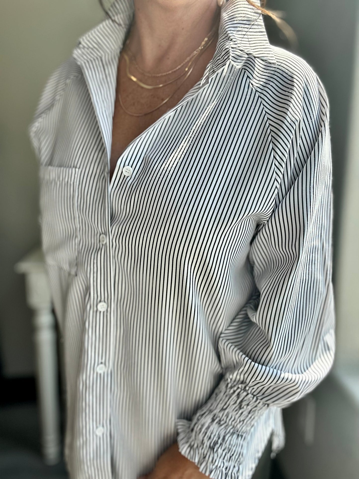 Smocked Cuffed Striped Boyfriend Shirt