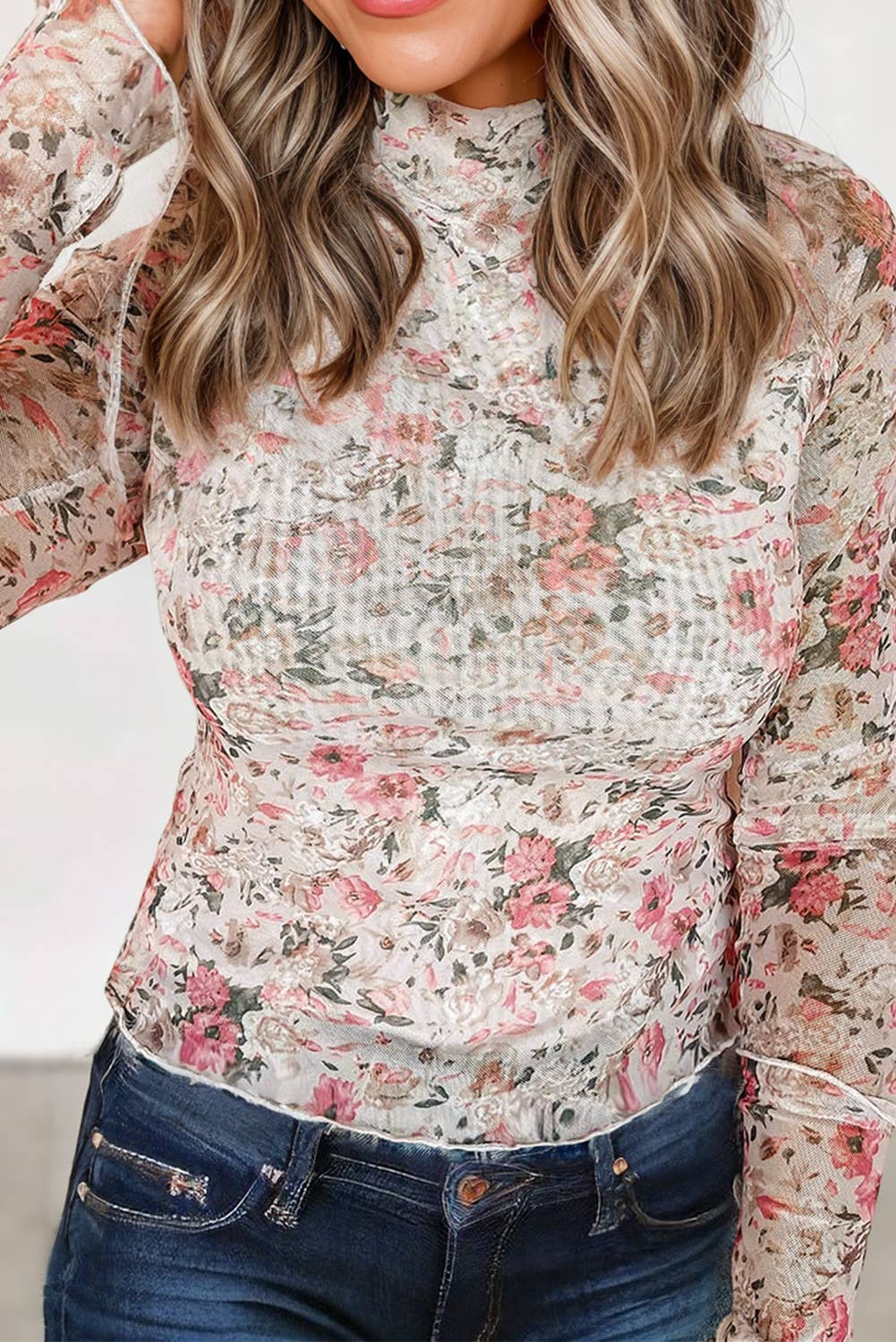 Sassy Floral Mock Neck Mesh Long Sleeve Blouse Aapparella