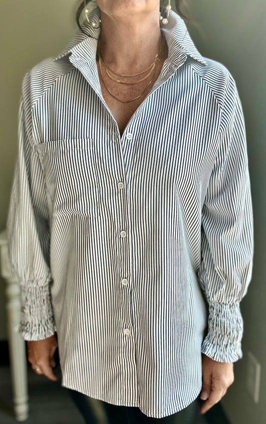 Smocked Cuffed Striped Boyfriend Shirt