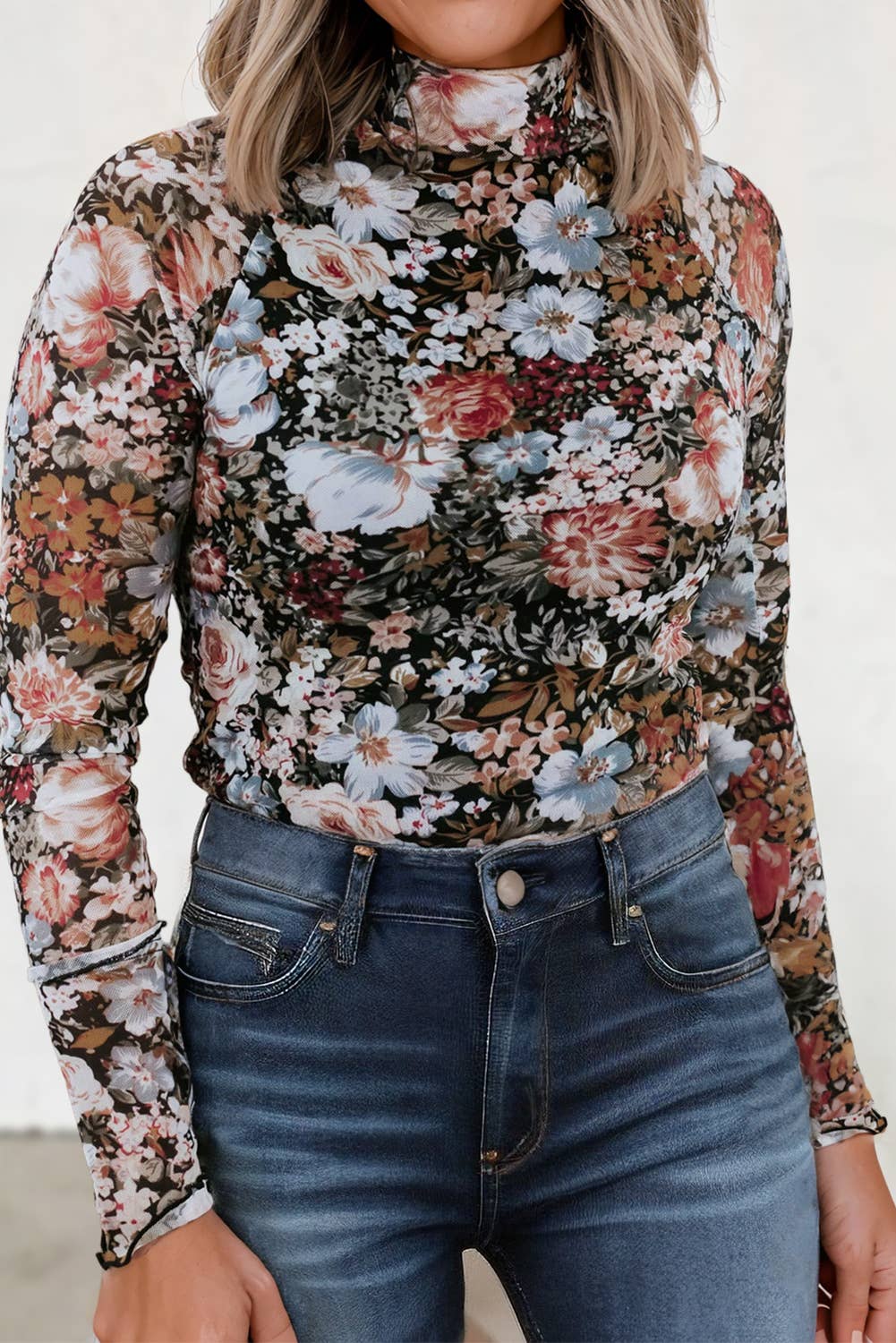 Sassy Floral Mock Neck Mesh Long Sleeve Blouse Aapparella