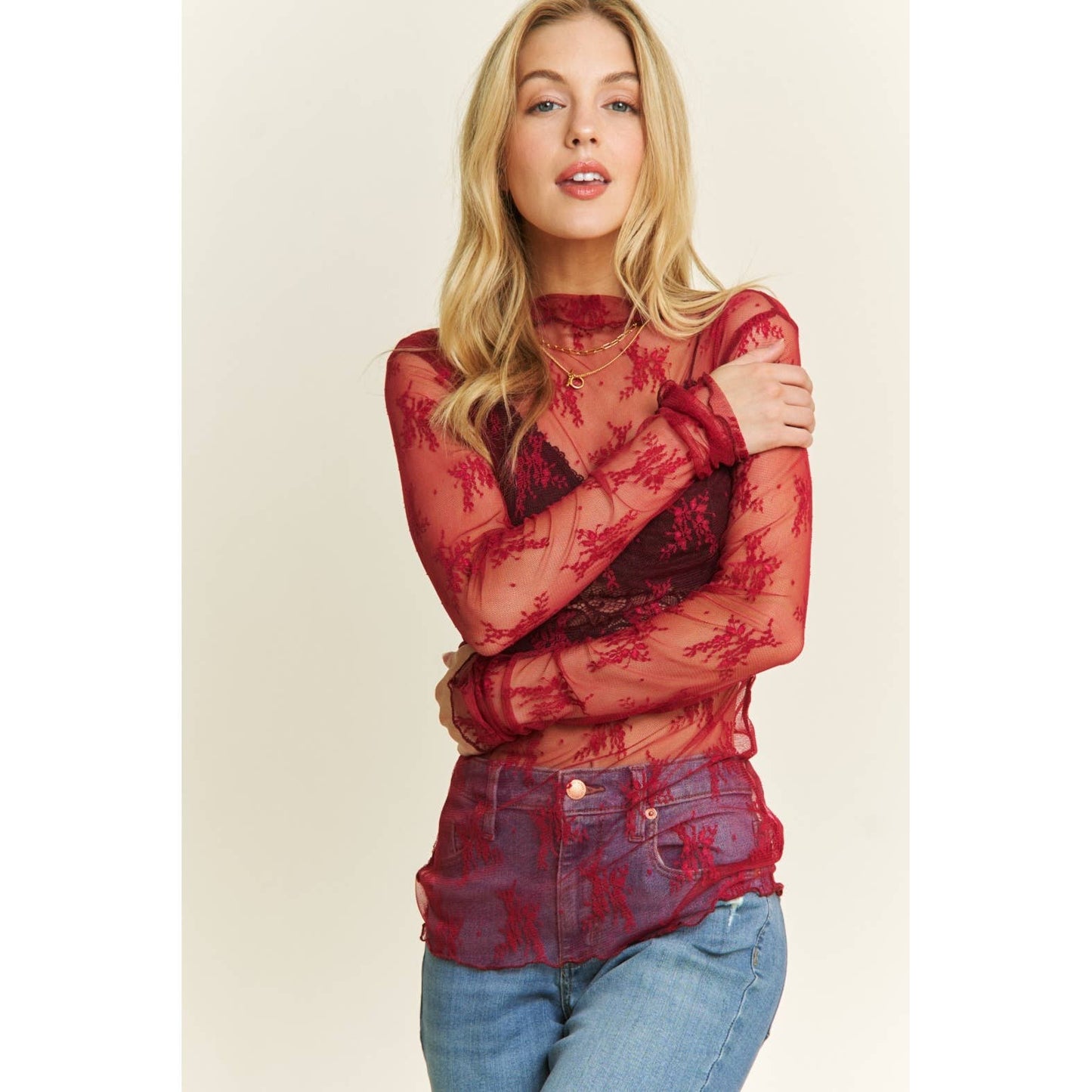 MESH LACE HIGH NECK DESIGN LONG SLEEVE FITTED TOP Sweet Generis