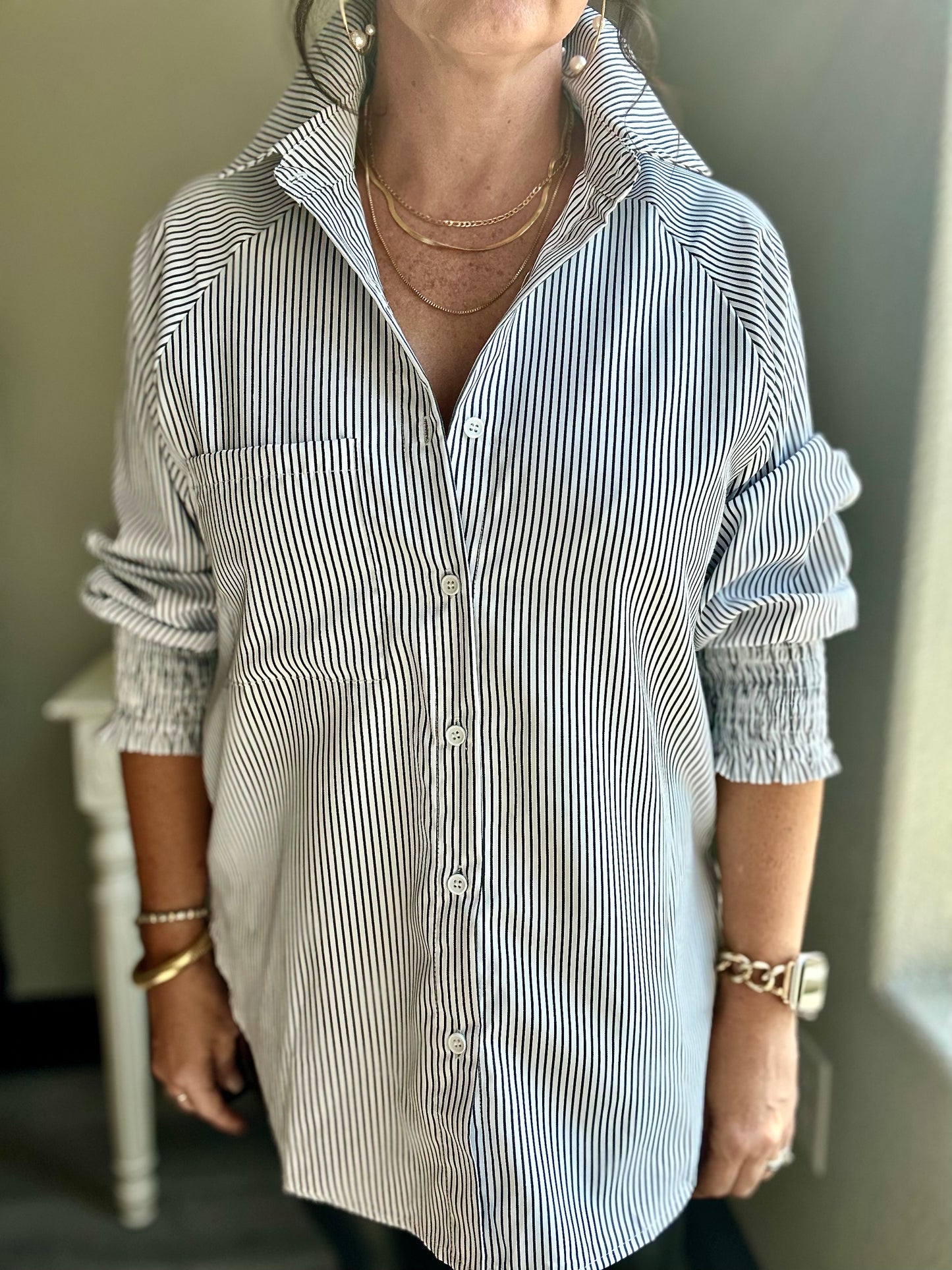 Smocked Cuffed Striped Boyfriend Shirt