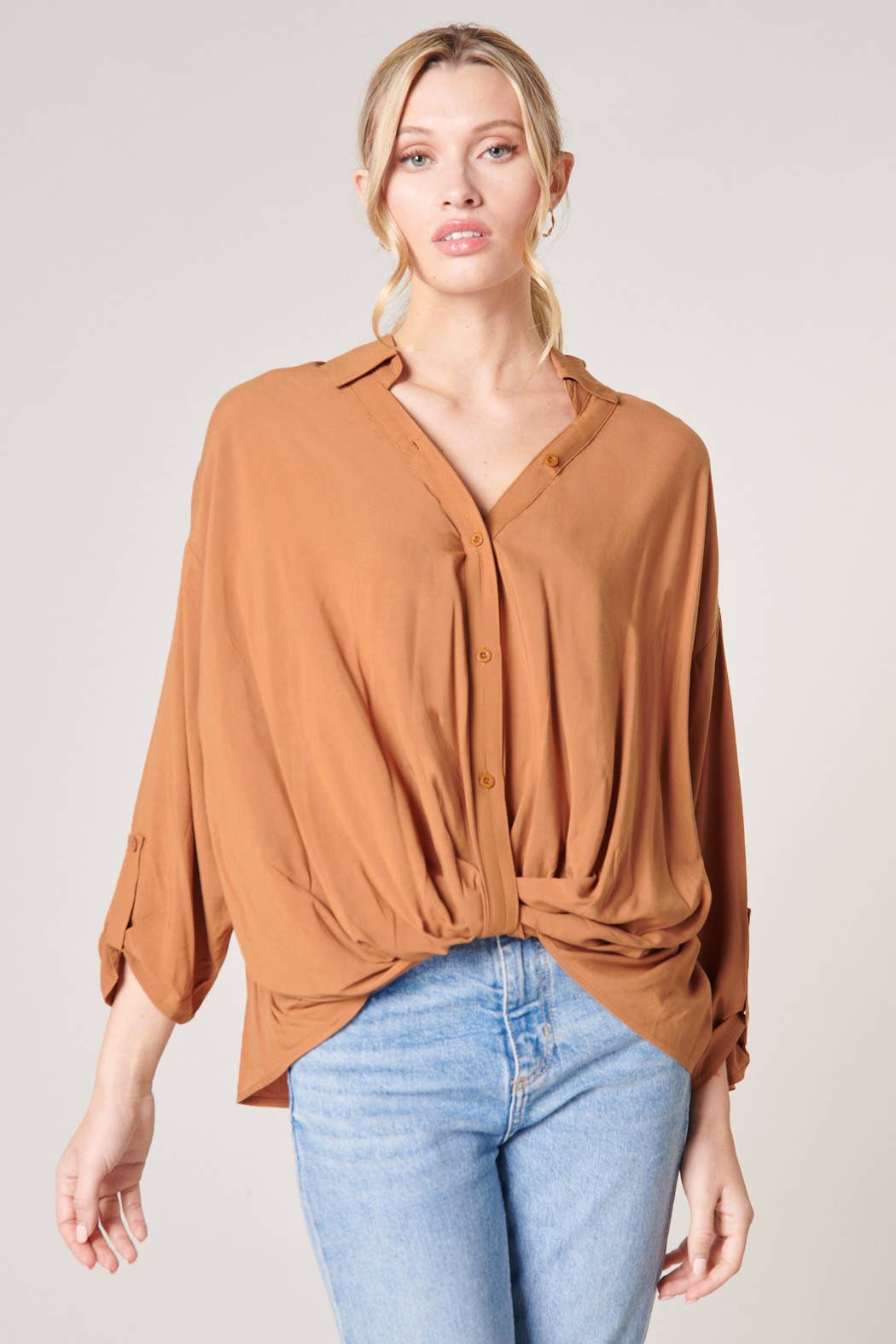 Poetic Love Twist Button Front Shirt - Hibiscus & Vine