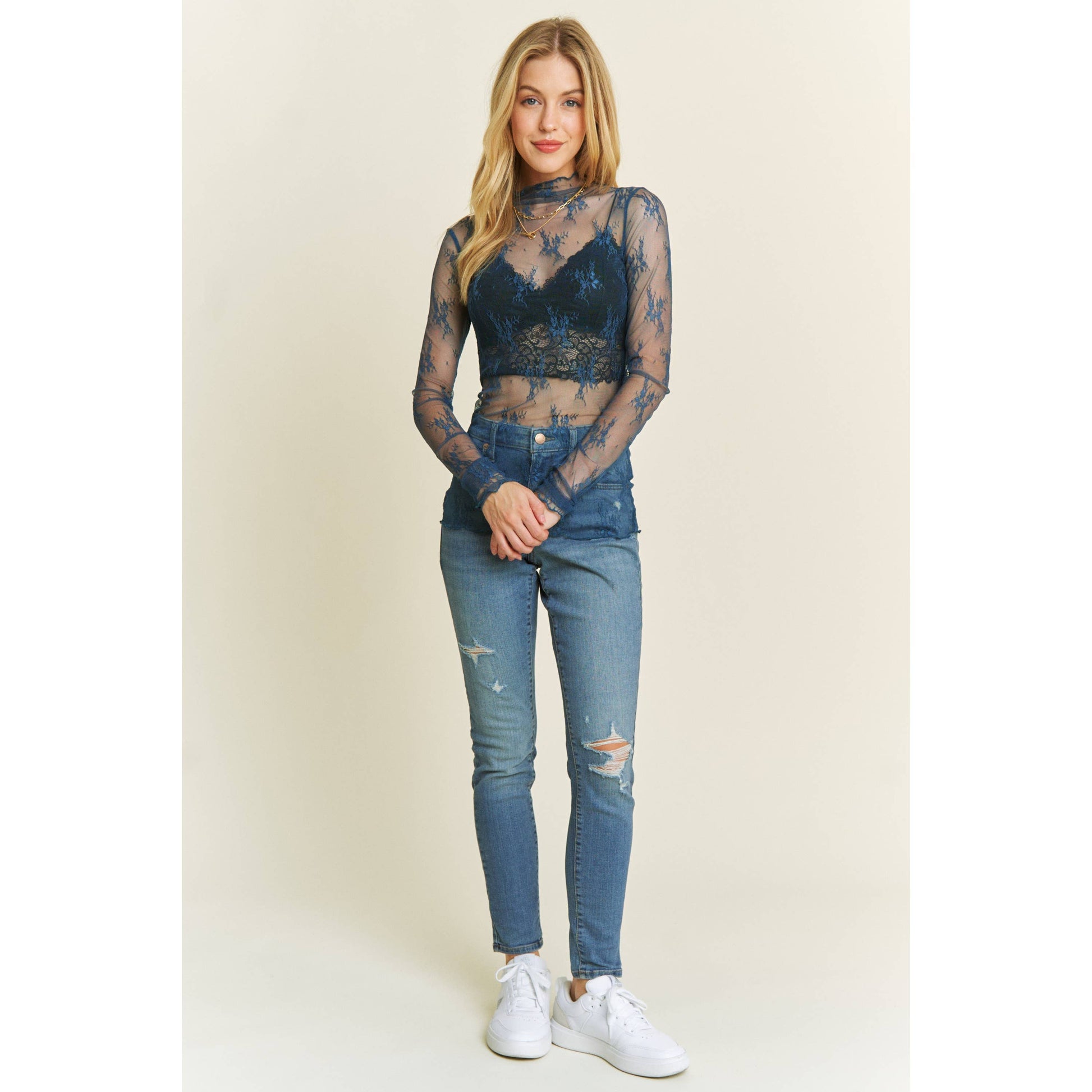 MESH LACE HIGH NECK DESIGN LONG SLEEVE FITTED TOP Sweet Generis