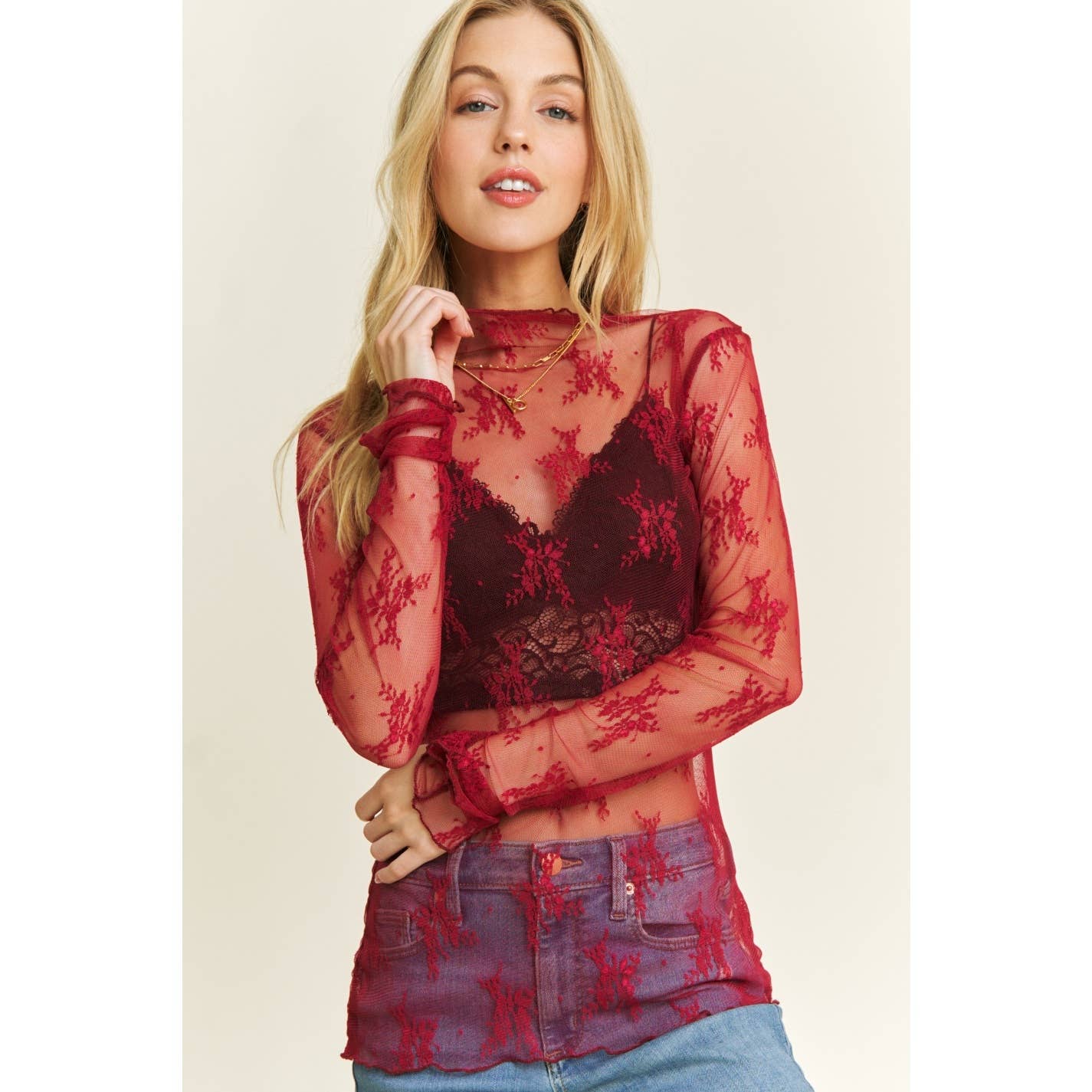 MESH LACE HIGH NECK DESIGN LONG SLEEVE FITTED TOP Sweet Generis