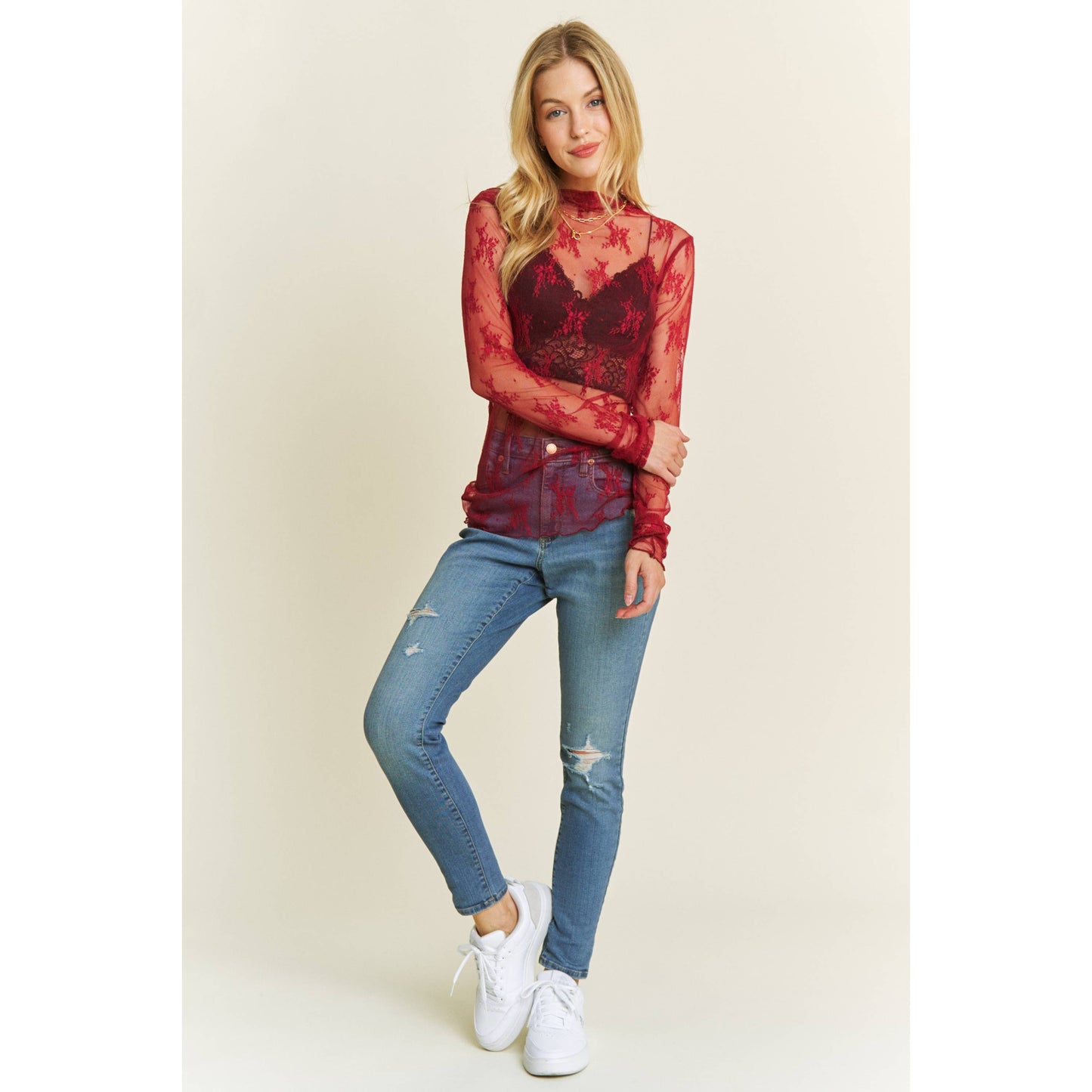 MESH LACE HIGH NECK DESIGN LONG SLEEVE FITTED TOP Sweet Generis