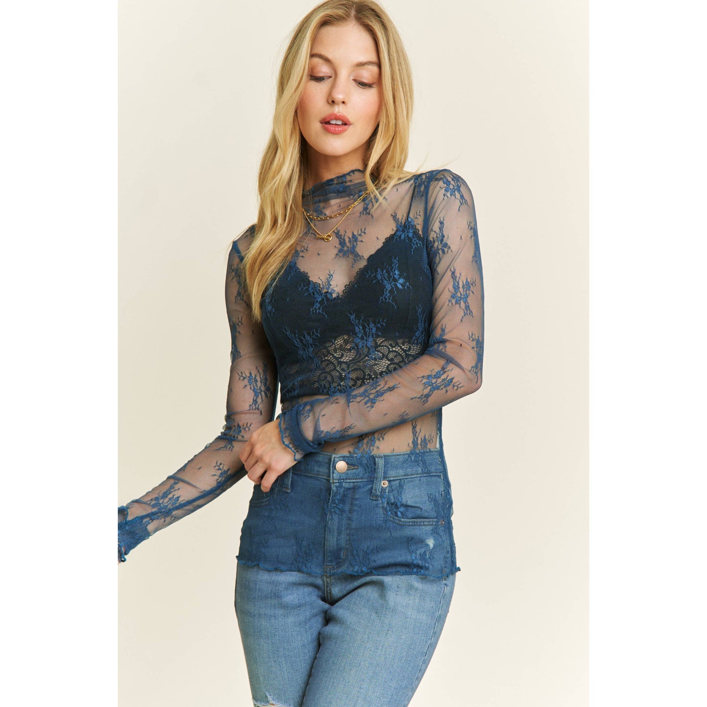 MESH LACE HIGH NECK DESIGN LONG SLEEVE FITTED TOP Sweet Generis