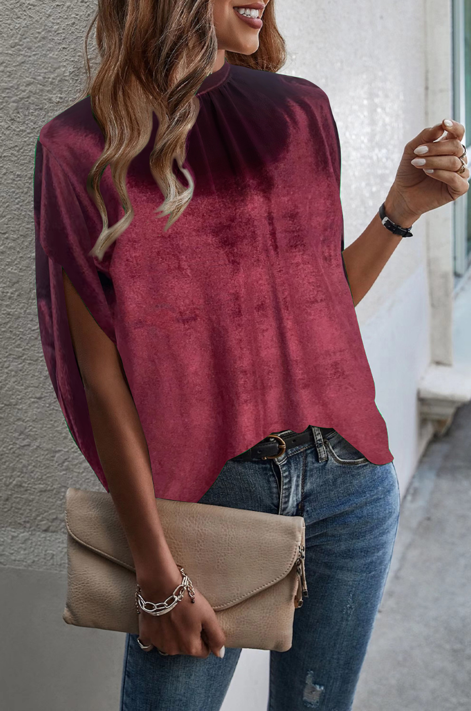 Velvet Tie Back Dolman Sleeve Blouse - Hibiscus & Vine