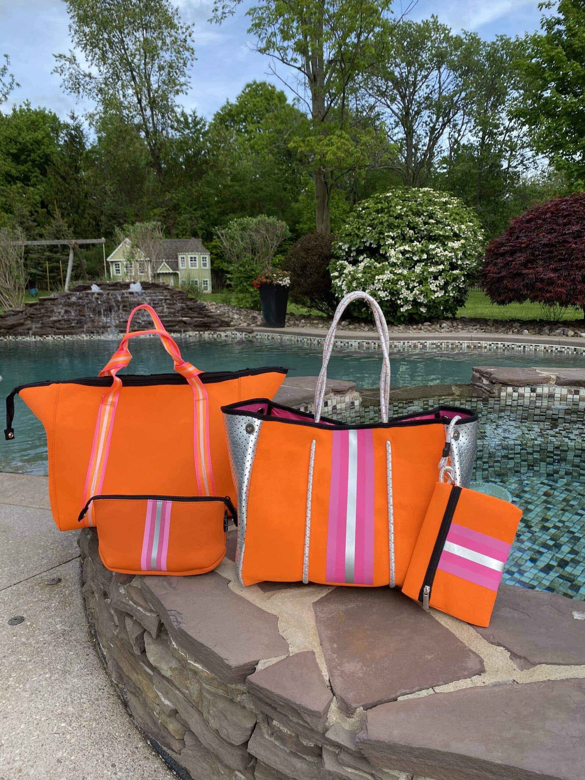 The Ella Tote Orange With Pink/silver - Hibiscus & Vine